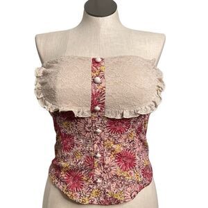 Vtg Charlotte Russe Juniors Corset Tube Top L Printed Pink Floral Lace Fairycore